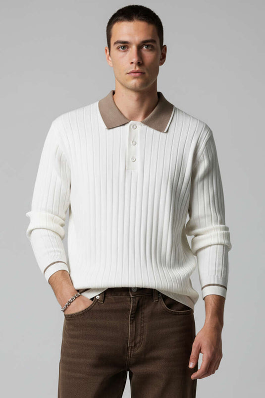 سويت شيرت رجالي أبيض بياقة بولو وأكمام طويلة محبوك