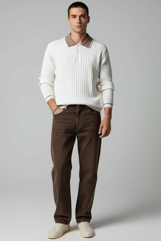 سويت شيرت رجالي أبيض بياقة بولو وأكمام طويلة محبوك