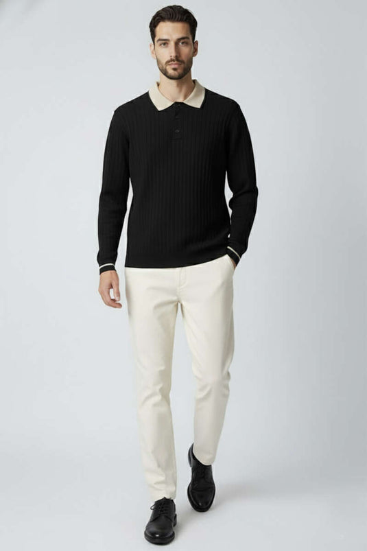 سويت شيرت رجالي أسود بأكمام طويلة وياقة بولو محبوكة