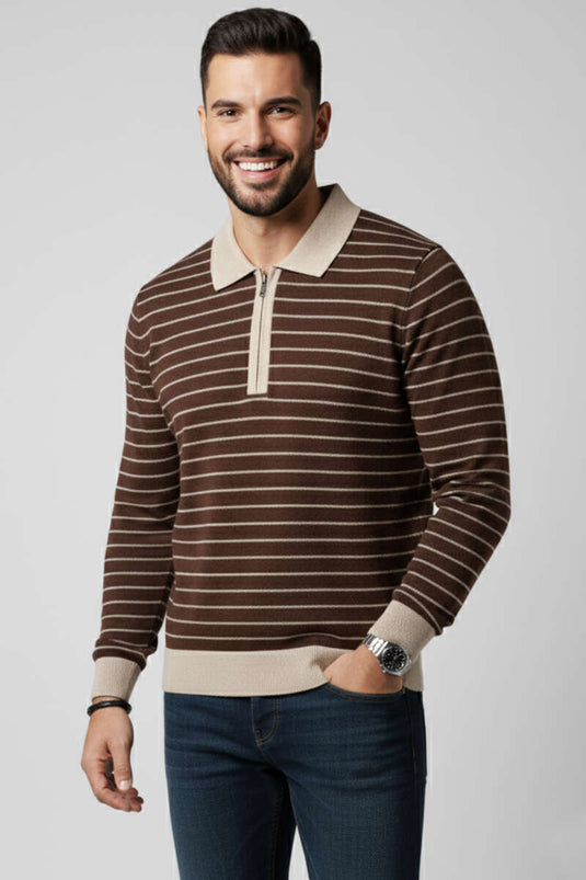 Herren-Waffelpullover mit Polokragen in Kaffee