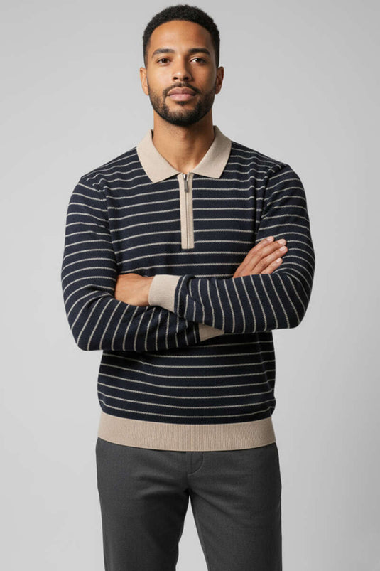Herren-Waffelpullover mit Polokragen, Marineblau