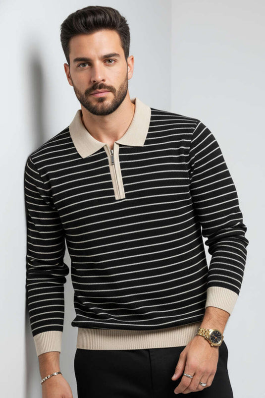 Pull homme noir à col polo gaufré