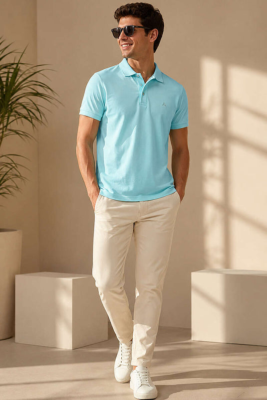 Polo Yaka Yarım Düğmeli Erkek T-shirt Aqua