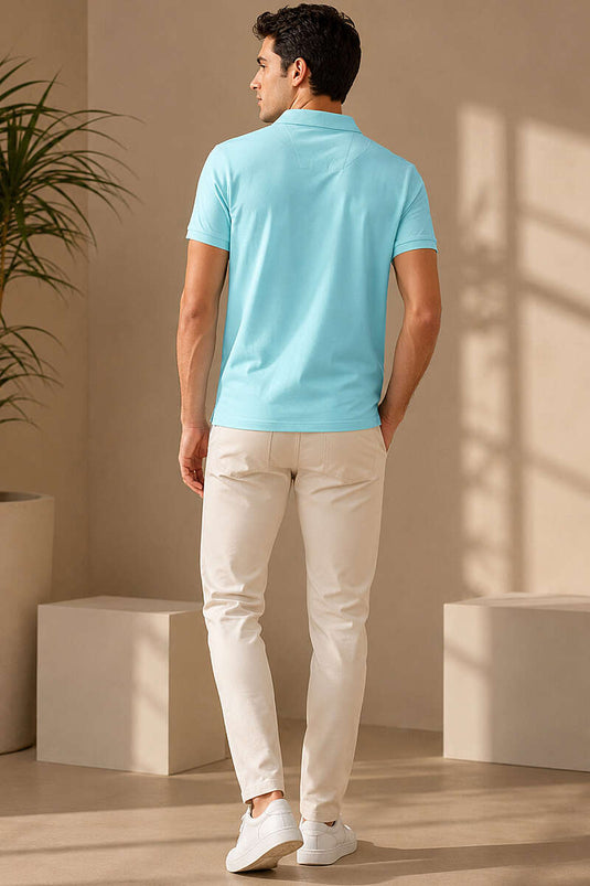 Polo Yaka Yarım Düğmeli Erkek T-shirt Aqua