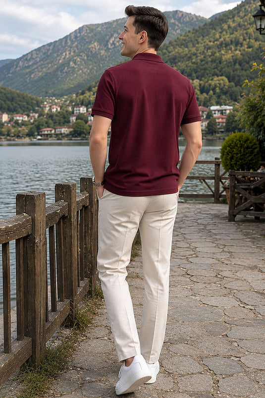 Polo Yaka Yarım Düğmeli Erkek T-shirt Bordo