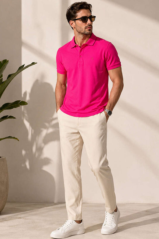 Polo Yaka Yarım Düğmeli Erkek T-shirt Fuşya