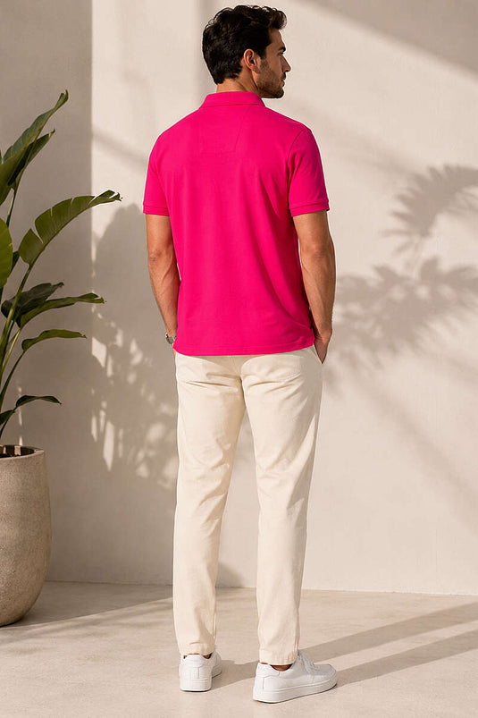 Polo Yaka Yarım Düğmeli Erkek T-shirt Fuşya