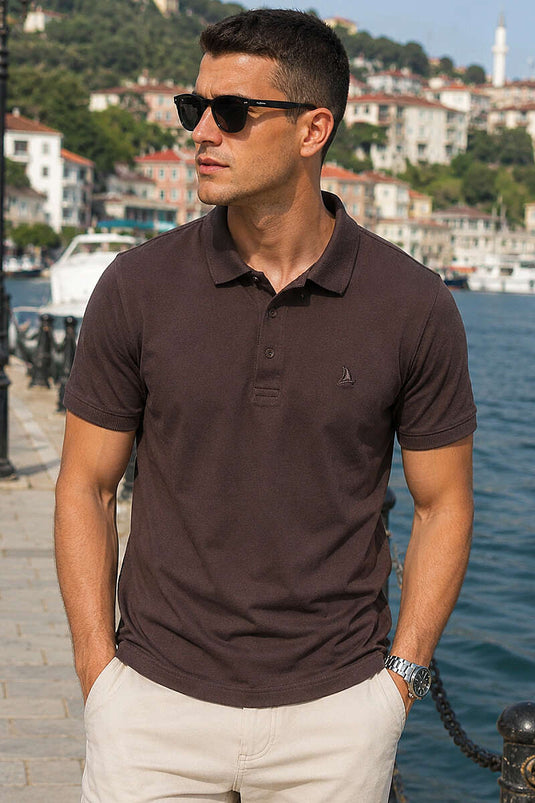 Polo Yaka Yarım Düğmeli Erkek T-shirt Kahve