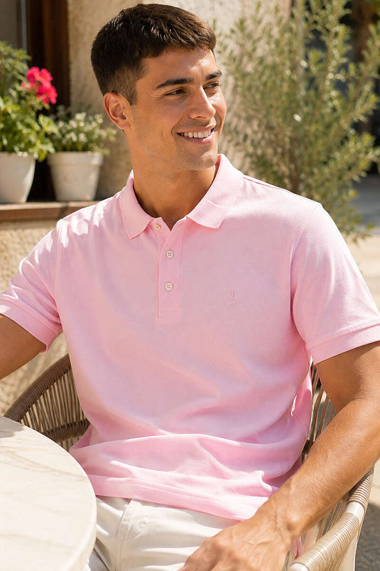 Polo Yaka Yarım Düğmeli Erkek T-shirt Pembe