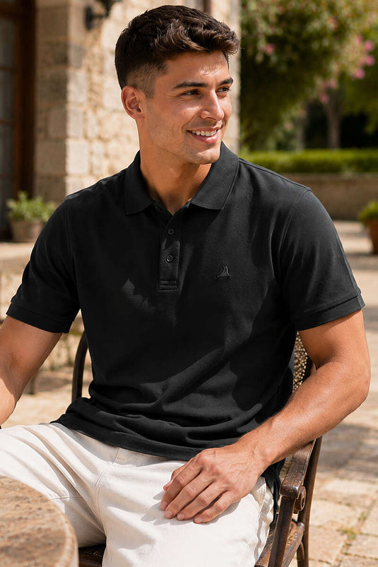 Polo Yaka Yarım Düğmeli Erkek T-shirt Siyah
