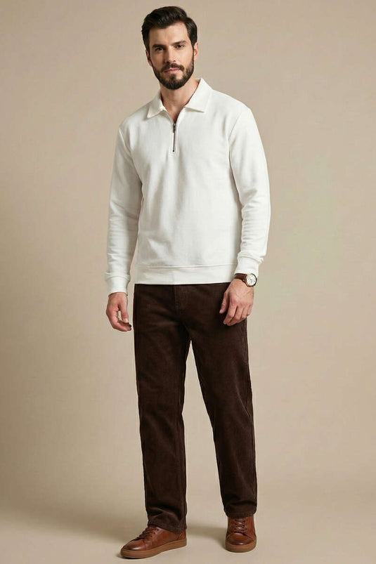 Sweat-shirt pour homme à col polo côtelé horizontal blanc