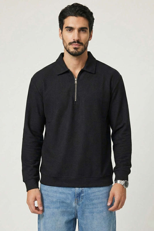 Polo Yaka Yatay Fitilli Erkek Sweatshirt Siyah