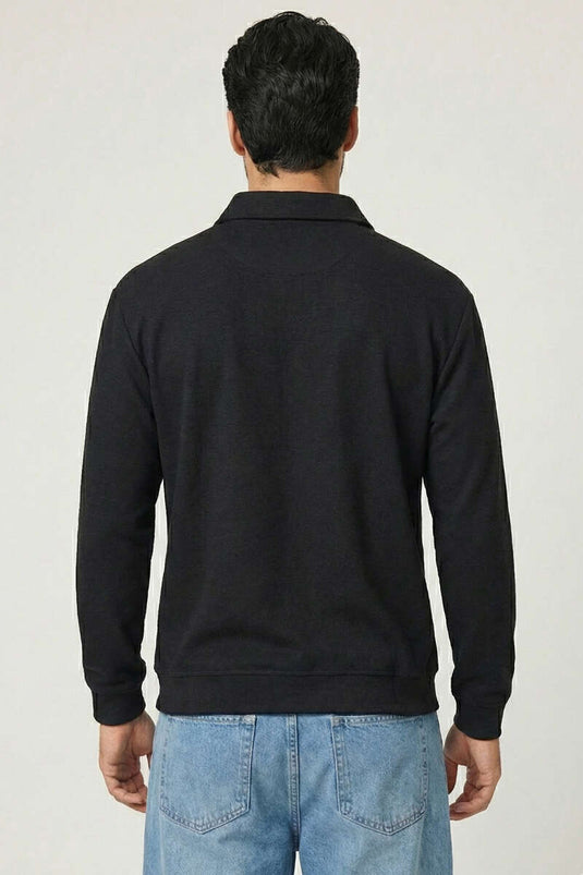 Sweat-shirt à col polo côtelé horizontal pour homme Noir