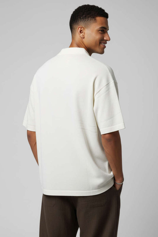 T-shirt tricot homme à col polo avec inscription, couleur ivoire