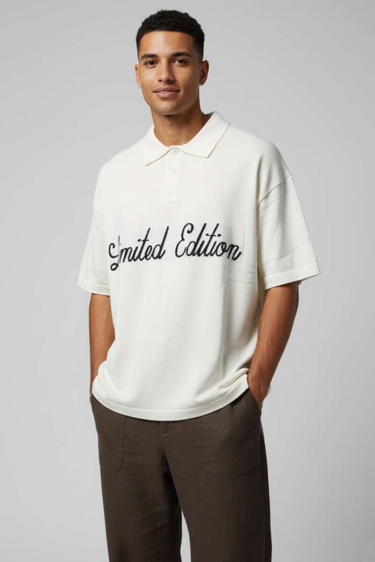 T-shirt tricot homme à col polo avec inscription, couleur ivoire