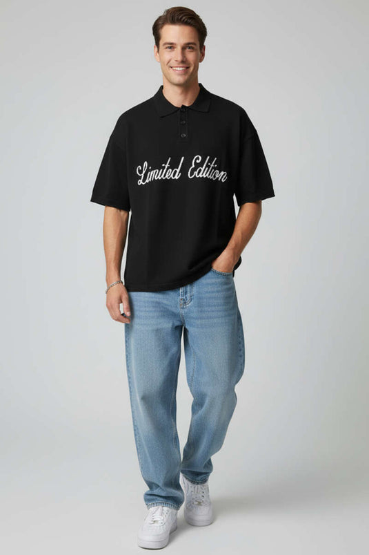 Polo-Kragen Herren Strick-T-Shirt mit Schriftzug Schwarz