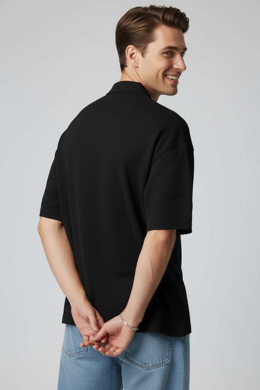 Polo-Kragen Herren Strick-T-Shirt mit Schriftzug Schwarz