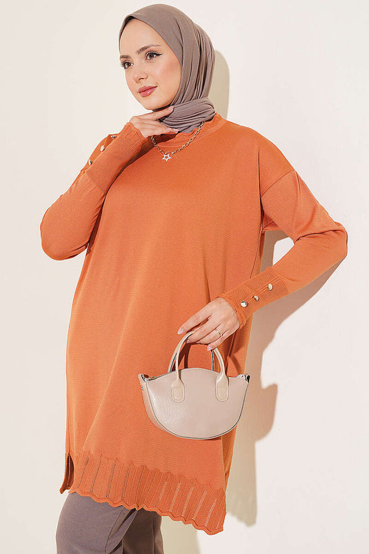Tunique En Maille Orange À Col Polyelit Et Détails