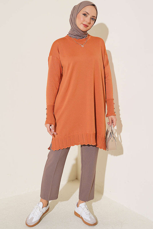 Tunique En Maille Orange À Col Polyelit Et Détails