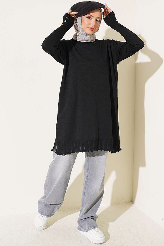 Schwarze Stricktunika Mit Rollkragen Aus Polyester
