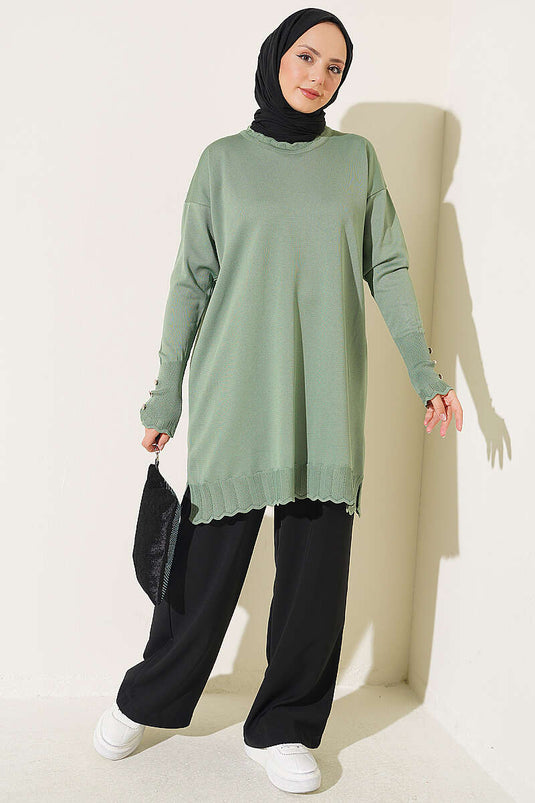 Groene Gebreide Tuniek Met Polyelit Kraagdetail