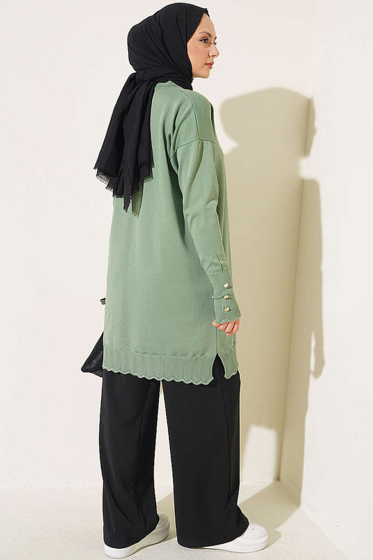 Groene Gebreide Tuniek Met Polyelit Kraagdetail
