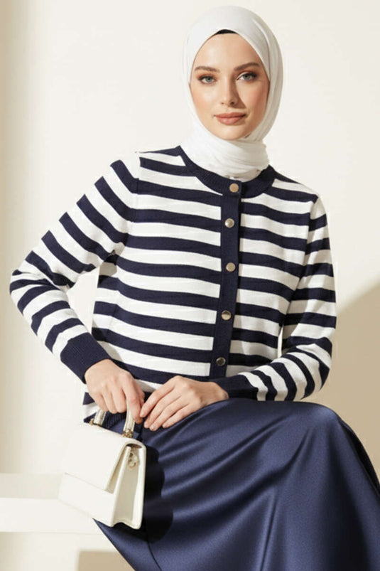 Polyamide Striped Knit Cardigan Navy Blue