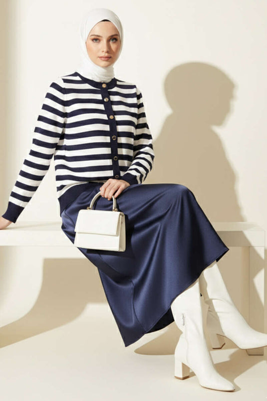 Polyamide Striped Knit Cardigan Navy Blue