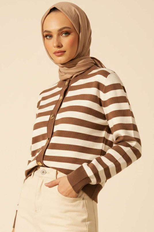 Polyamide Striped Knit Cardigan, Mink