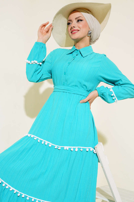 Ponponlu Kaş Elbise Mint