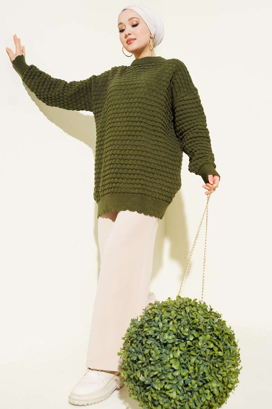 Popit Embossed Knitted Tunic Olive Green