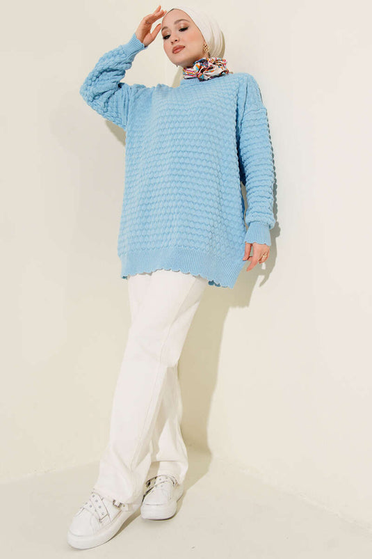 Popit Kabartmalı Triko Tunik Mavi