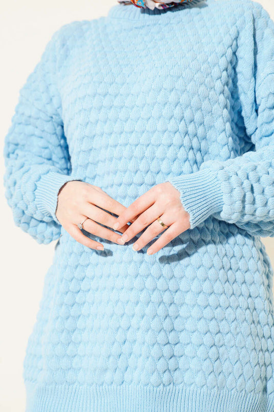 Popit Kabartmalı Triko Tunik Mavi