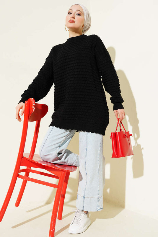 Popit Kabartmalı Triko Tunik Siyah