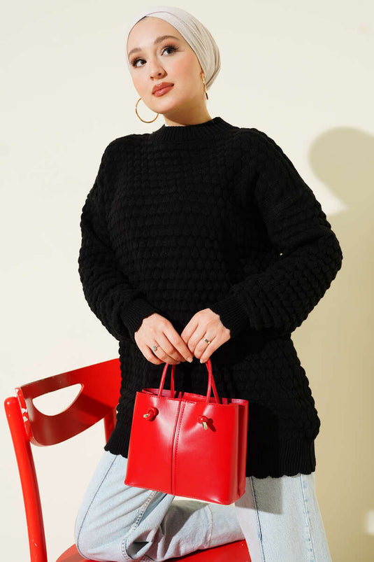 Popit Kabartmalı Triko Tunik Siyah