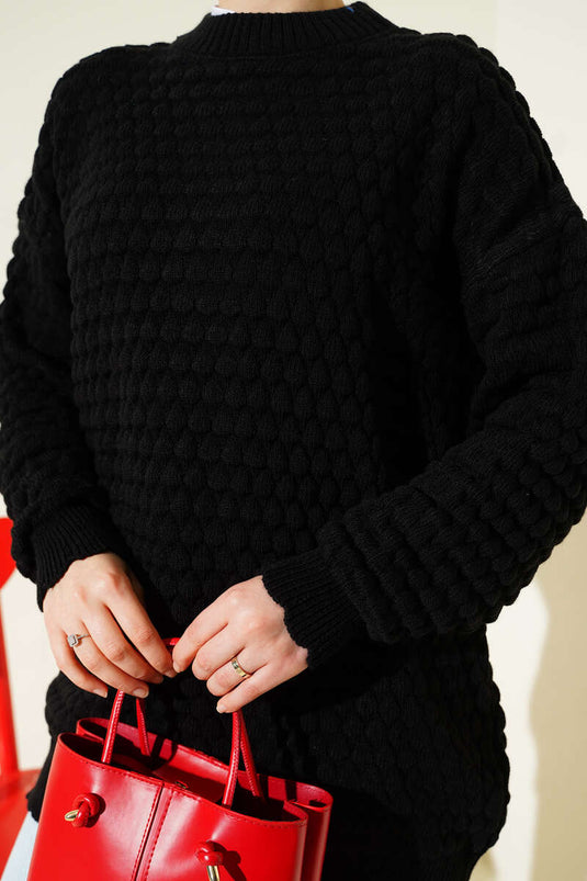 Popit Kabartmalı Triko Tunik Siyah