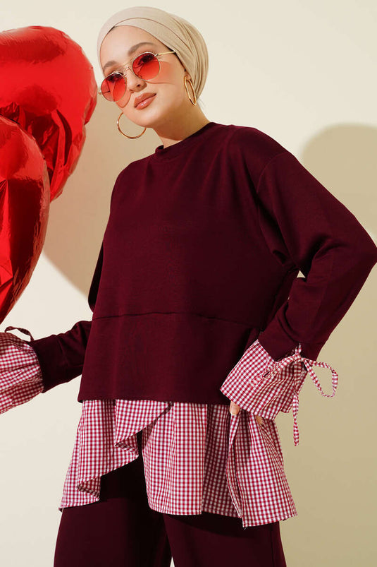 Ensemble double tunique et foulard à carreaux bordeaux