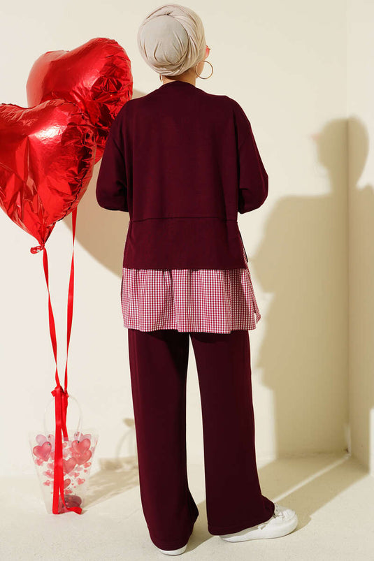 Ensemble double tunique et foulard à carreaux bordeaux