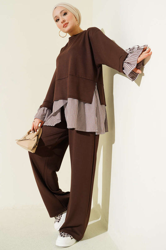 Ensemble double tunique en tissu à carreaux avec garniture, couleur café