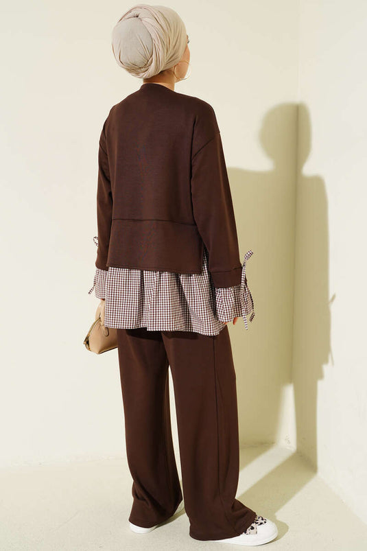 Ensemble double tunique en tissu à carreaux avec garniture, couleur café