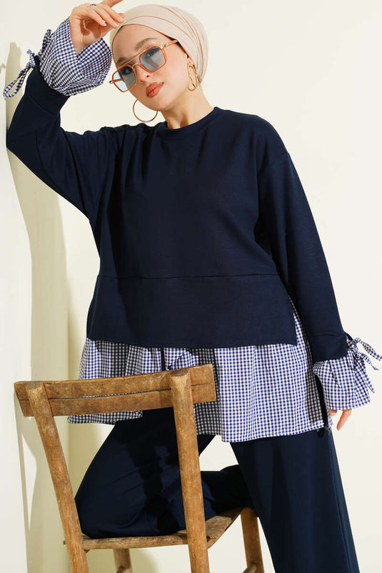 Ensemble double tunique en tissu à carreaux avec garniture, bleu marine