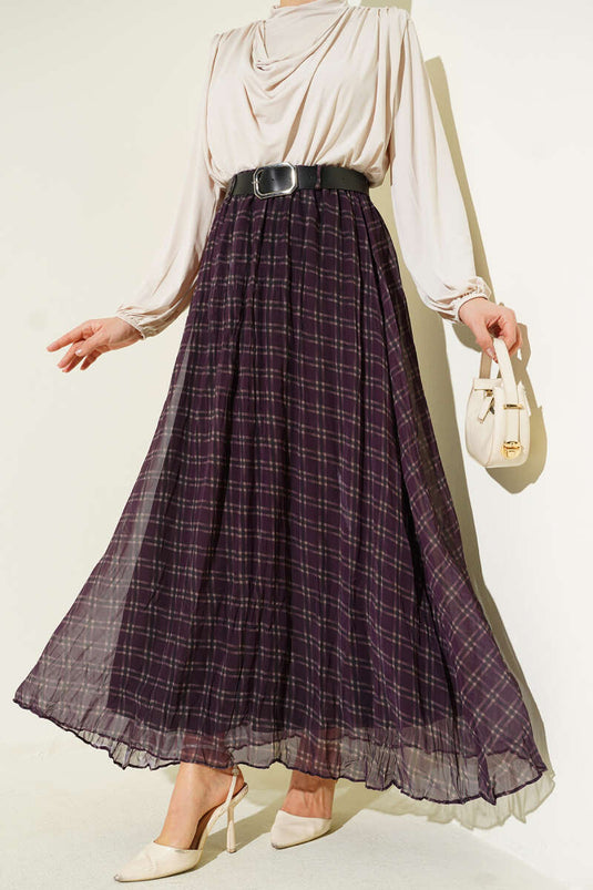 Pötikare Kemerli Kırışık Şifon Etek Mürdüm