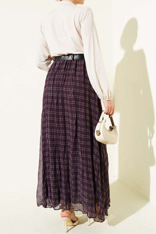 Pötikare Kemerli Kırışık Şifon Etek Mürdüm