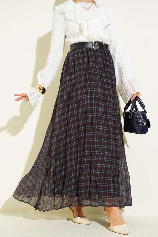 Black Crinkled Chiffon Skirt with Checkered Belt