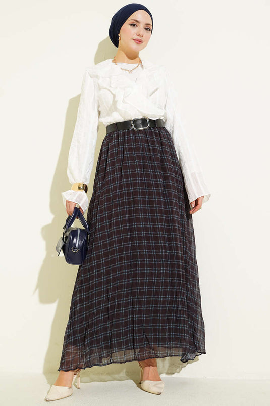 Black Crinkled Chiffon Skirt with Checkered Belt