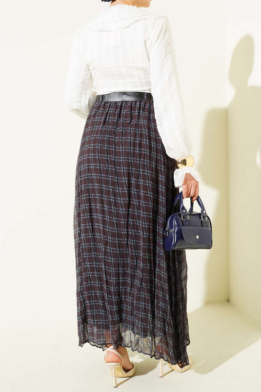 Black Crinkled Chiffon Skirt with Checkered Belt