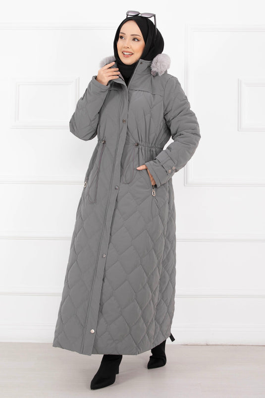 Premium Kürk Kapüşonlu Nova Kaban Füme