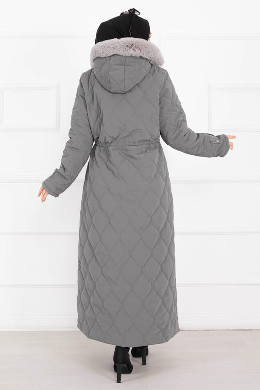 Premium Kürk Kapüşonlu Nova Kaban Füme