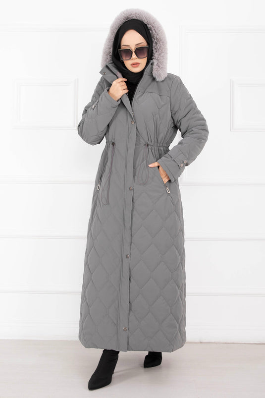 Premium Kürk Kapüşonlu Nova Kaban Füme