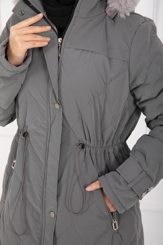 Premium Kürk Kapüşonlu Nova Kaban Füme